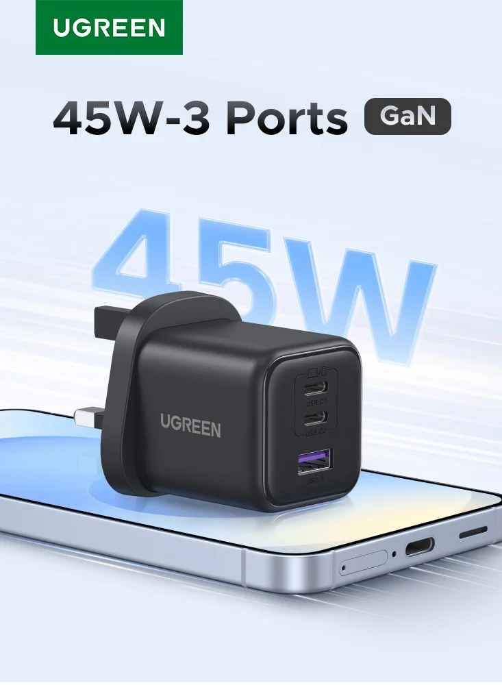 Ugreen 45W GaN Fast Charger 3-Port USB-C Power Adapter (2C1A) Compact Wall Plug for Smartphones and Tablets d899o