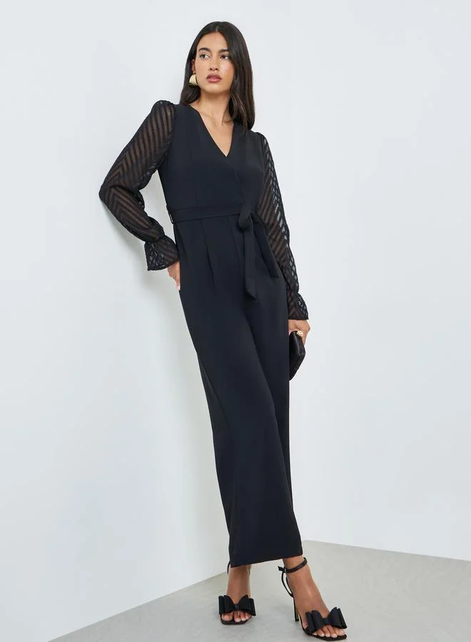 Styli Wide Leg Jumpsuit with Sheer Sleeves Elegant Evening Wear (Black, One Size) fgsf9