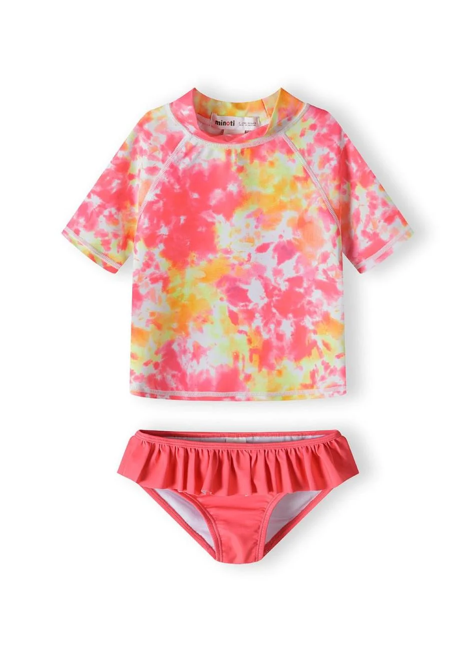 MINOTI Girls Short Sleeve Rash Top and Swim Briefs Set (Coral, 5-6 Years) of29n