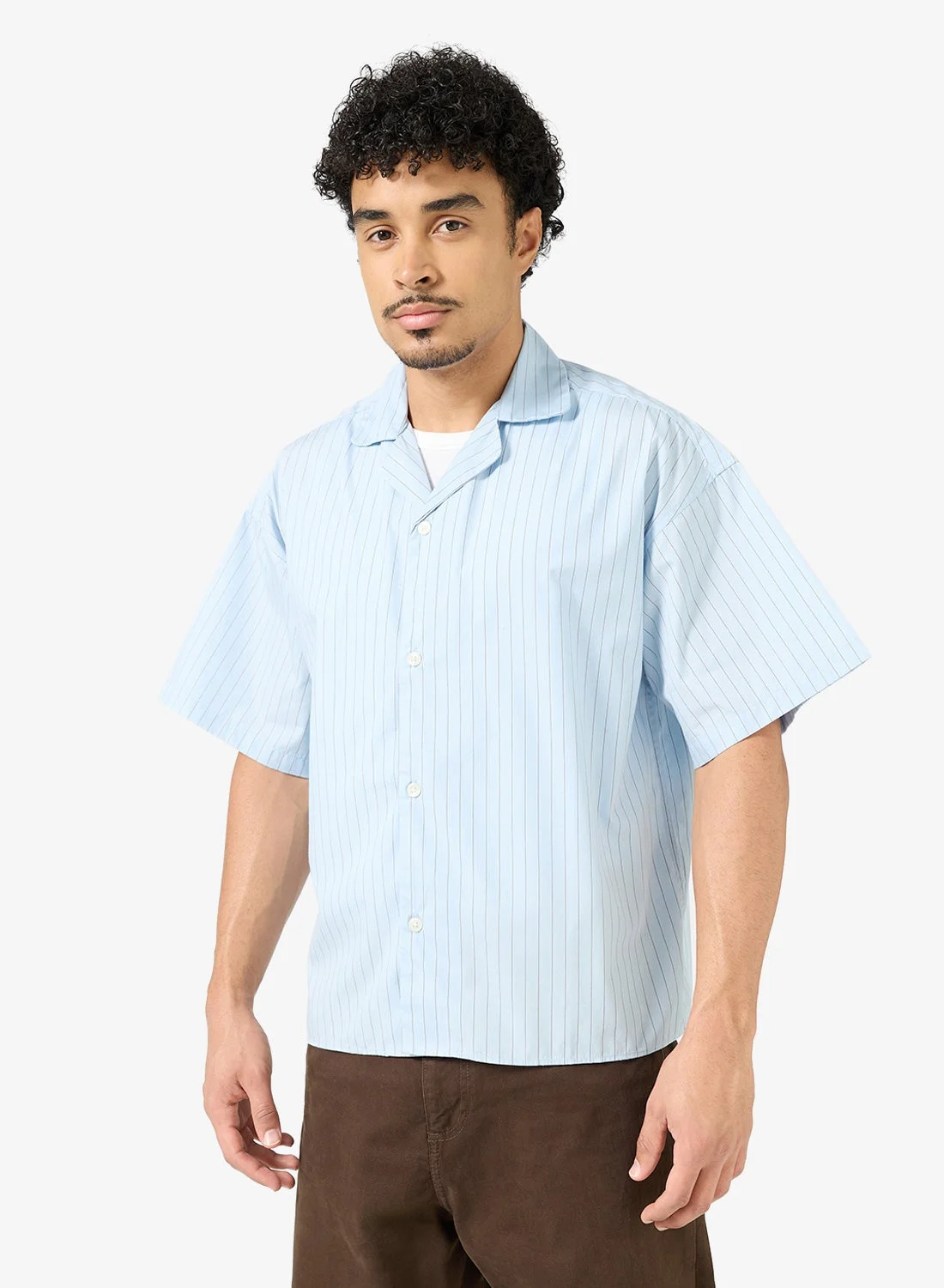 JACK & JONES Poplin Stripe Short Sleeve Shirt Premium Cotton Casual Button-Down For Men (Blue, Large) gdag5