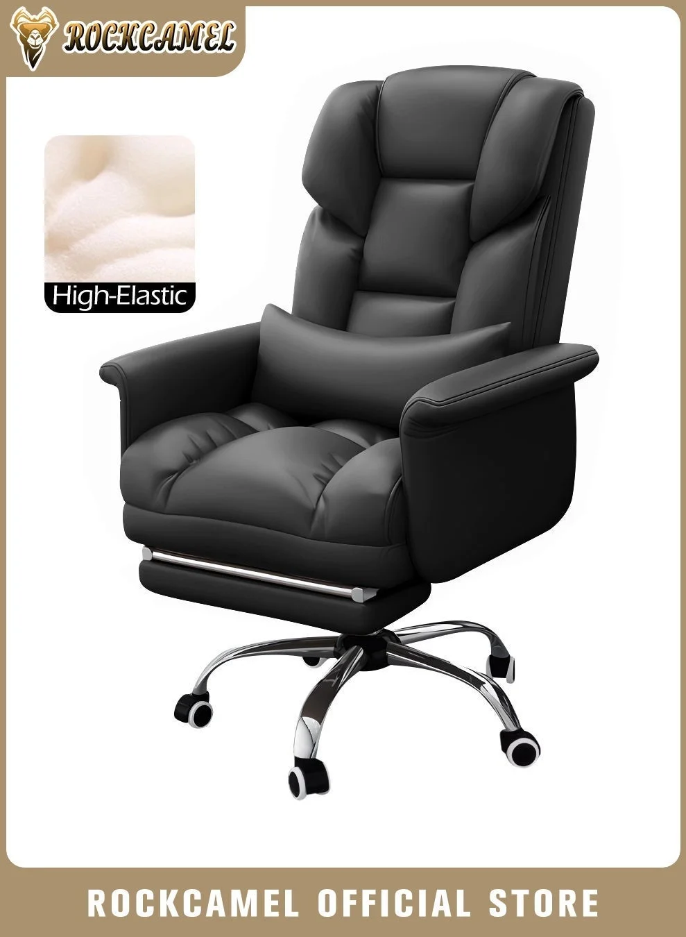ROCKCAMEL Ergonomic Executive Office Chair with Lumbar Support and Retractable Footrest (Black, High Back) q9z9n