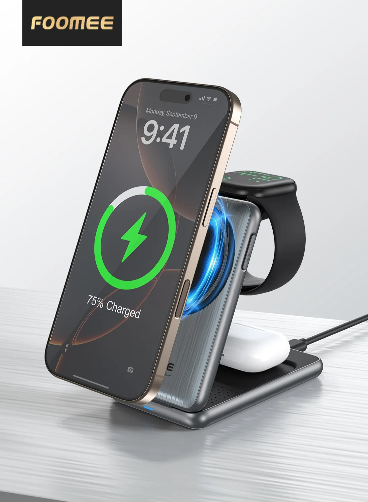 FOOMEE 3-in-1 Wireless Charging Station Foldable Magnetic Stand 15W Fast Charger (Black, 1 Unit) pcpip