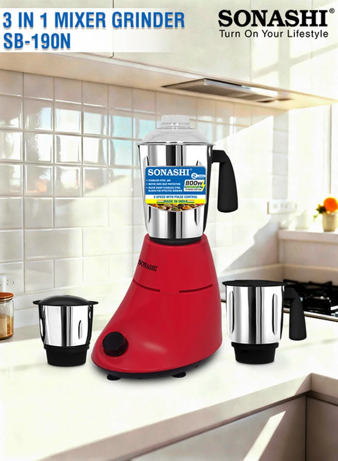 Sonashi 3-in-1 Mixer Grinder with 800W Motor and Stainless Steel Jars (Red, 1L) 732e2