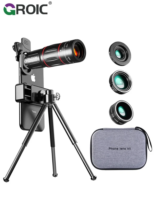 GROIC 4-in-1 Phone Camera Lens Kit with 28X Telephoto, Fisheye, Macro, Wide Angle and Flexible Tripod (Black, Universal) tpnnm