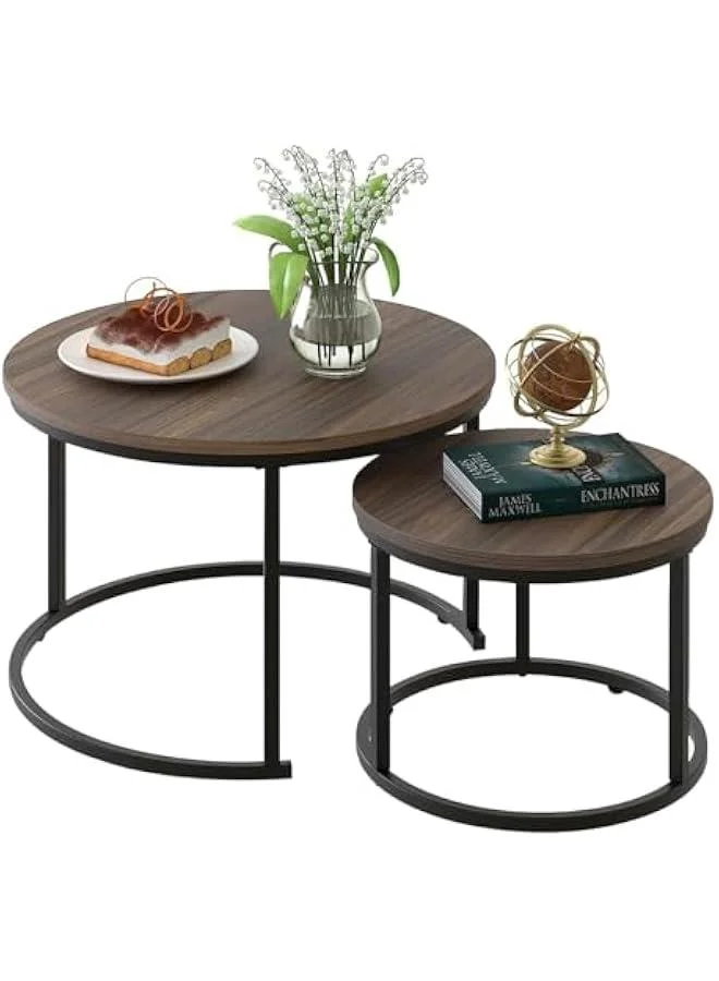 HOOKOR Nesting Coffee Table Set of 2 Round Industrial Side Tables with Sturdy Metal Frame for Modern Living Room (Set of 2) koyg3