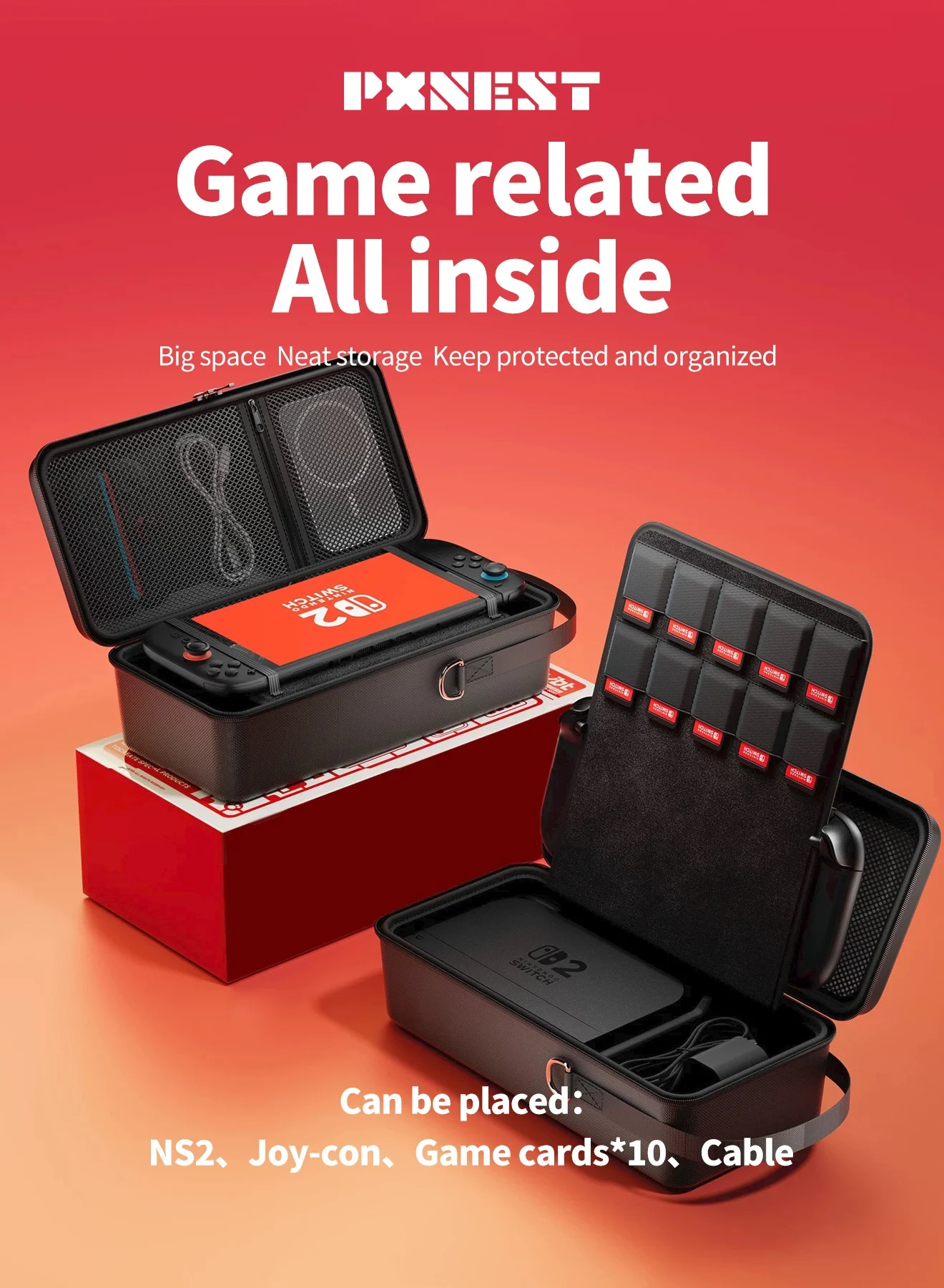 Pxnest Portable Gaming Console Carrying Case with Built-in Stand and 10 Game Card Slots (Black, Large Capacity) fza2w