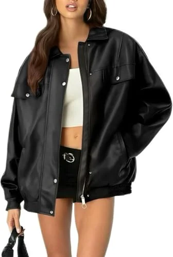 Premium Womens Oversized Faux Leather Motorcycle Jacket Vintage Long Sleeve Blazer (Black, L) d53xd