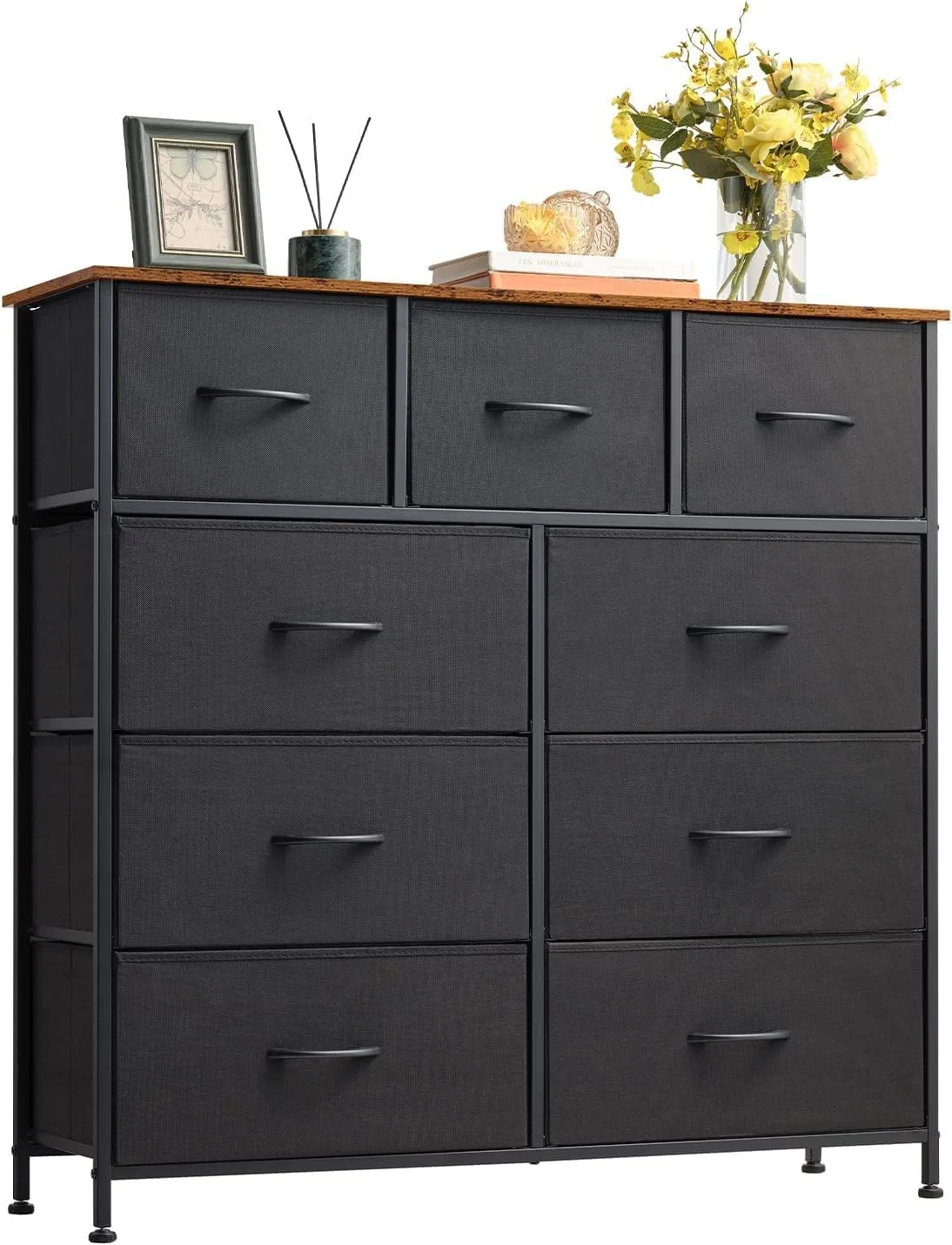 SKY-TOUCH 9-Drawer Storage Cabinet with Removable Fabric Bins, Wide Dresser Organizer Unit for Bedroom, Living Room, and Nursery (Black) kycho