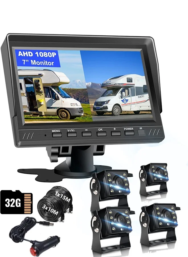 WALALLA Professional Dual Backup Camera System 7-Inch Split Monitor AHD Recording Kit for Trucks and Trailers (32GB SD Card, IP69 Waterproof) 7is3f