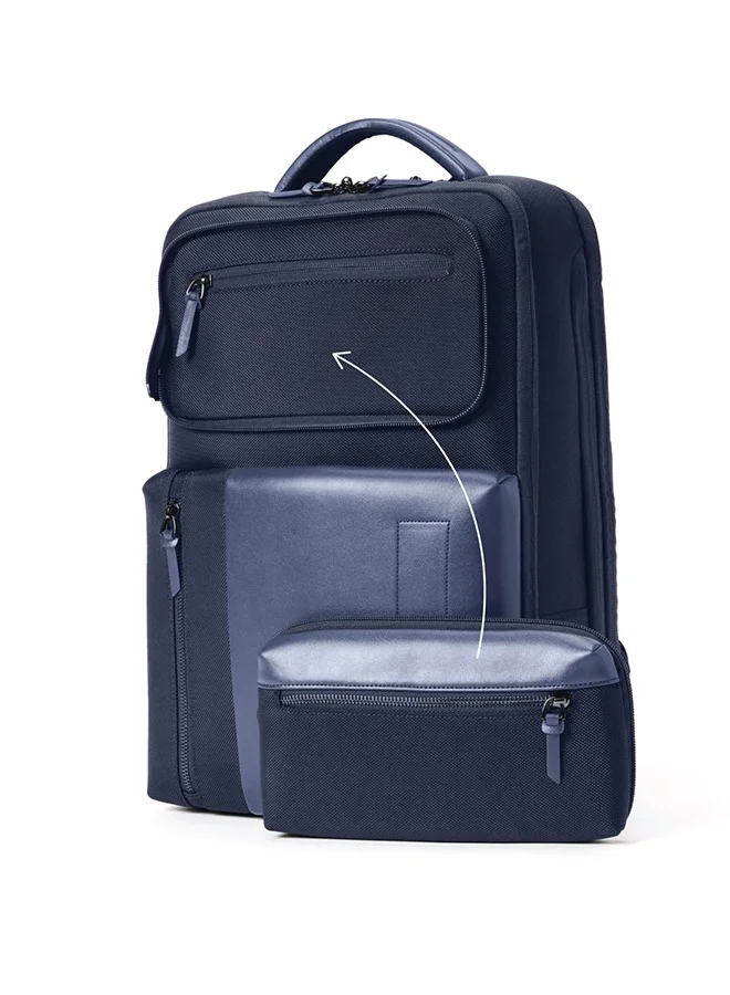 Premium Overnighter Laptop Backpack Water-Resistant Vegan Leather and Nylon Travel Bag (Blue, 23L) 73bcb