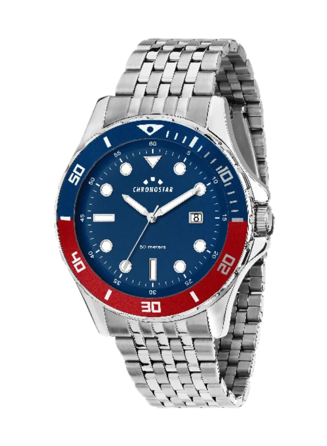 Chronostar Men's Analog Watch with Silver Stainless Steel Band and Blue Dial (43mm) 73gha