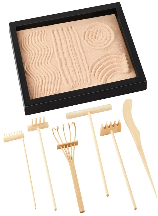 Soulchen Mini Zen Garden Kit for Desk Decor (8 Pcs Set, 21.6 cm x 17 cm) Japanese Sand Tray with 6 Rake Tools for Meditation and Stress Relief 66j75