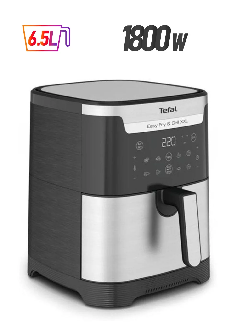Premium Digital Air Fryer and Grill XXL, 1800W High-Performance Cooking Appliance (Black and Silver, 6.5 L) lv7si