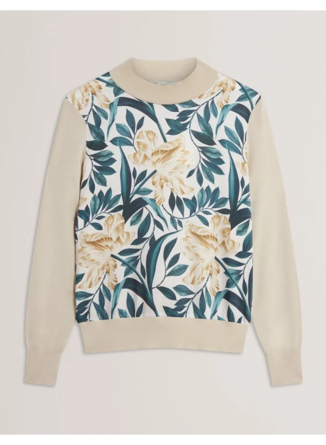 Premium Printed Woven Front Knit Top Elegant Casual Blouse for Women (Small) h0lw8
