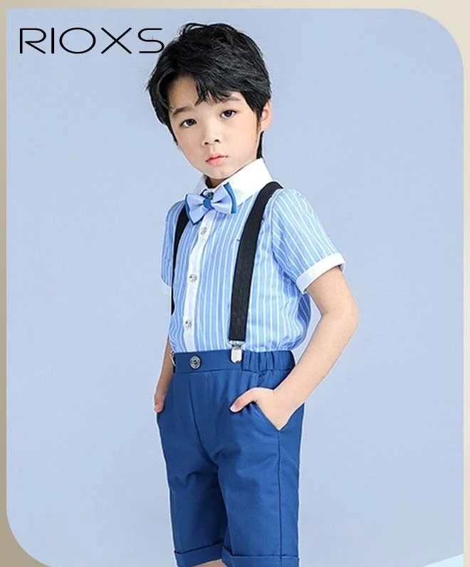 RIOXS Boys Formal 4-Piece Suit Set, Pinstripe Shirt with Bowtie, Shorts and Suspenders, Gentleman Outfit for Weddings and Special Occasions (Kids, 4-Piece Set) jsozs