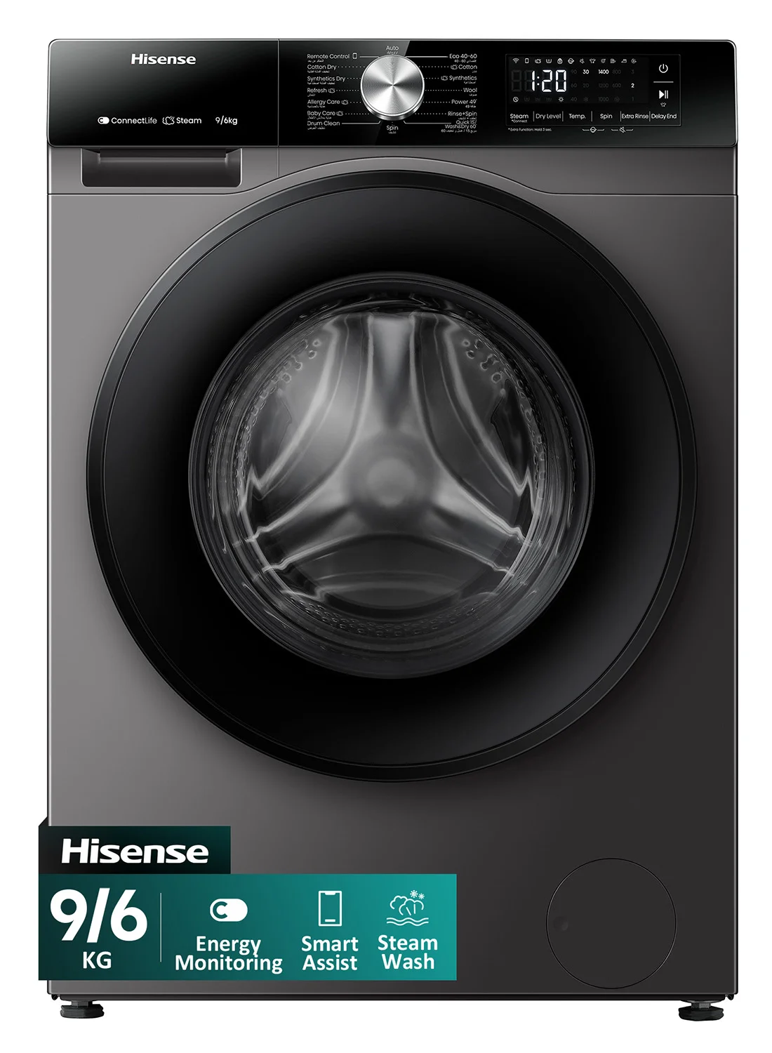 Hisense 9kg/6kg Front Loading Washer and Dryer Combo with Steam Wash and Hygiene Guard (Titanium Gray) 6vw55