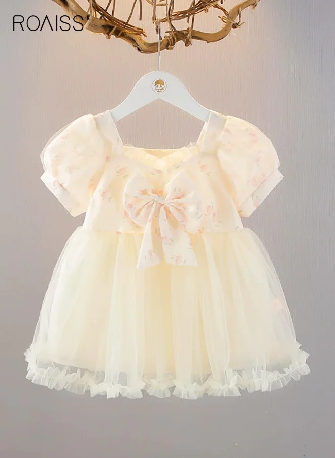 Roaiss Girls Tulle A-Line Dress Floral Puff Sleeve Bowknot Frock (Pink, 120cm) kybj5
