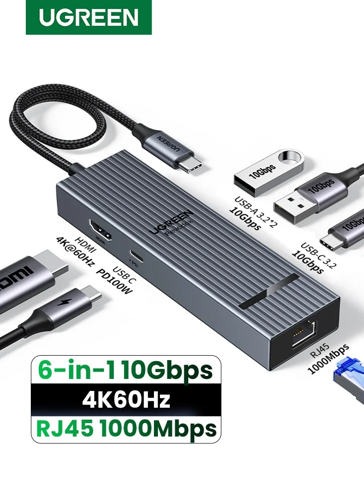 Premium 6-in-1 USB-C Hub Adapter with 4K HDMI 100W PD Charging and Gigabit Ethernet for Laptops and Tablets (Silver) e4jrv