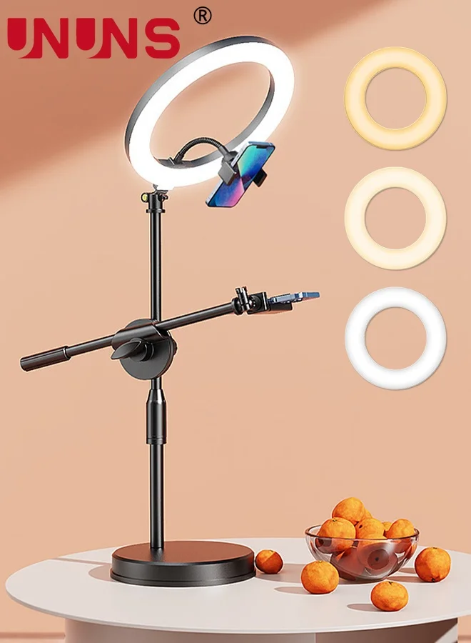 UNUNS Selfie Ring Light with Stand and Overhead Camera Mount (26cm, Black) 9zjtr