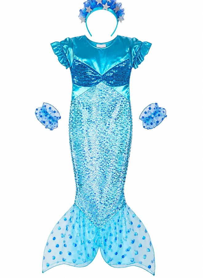Toy Land Mermaid Costume Dress for Girls (Shiny Blue Sequin Ocean Princess Outfit with Headband and Accessories, 8-9 Years) kx5c0