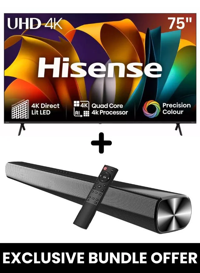 75-Inch 4K UHD LED Smart TV with 2.0 Channel Soundbar System (Black, 190.5 cm) 3z1s2