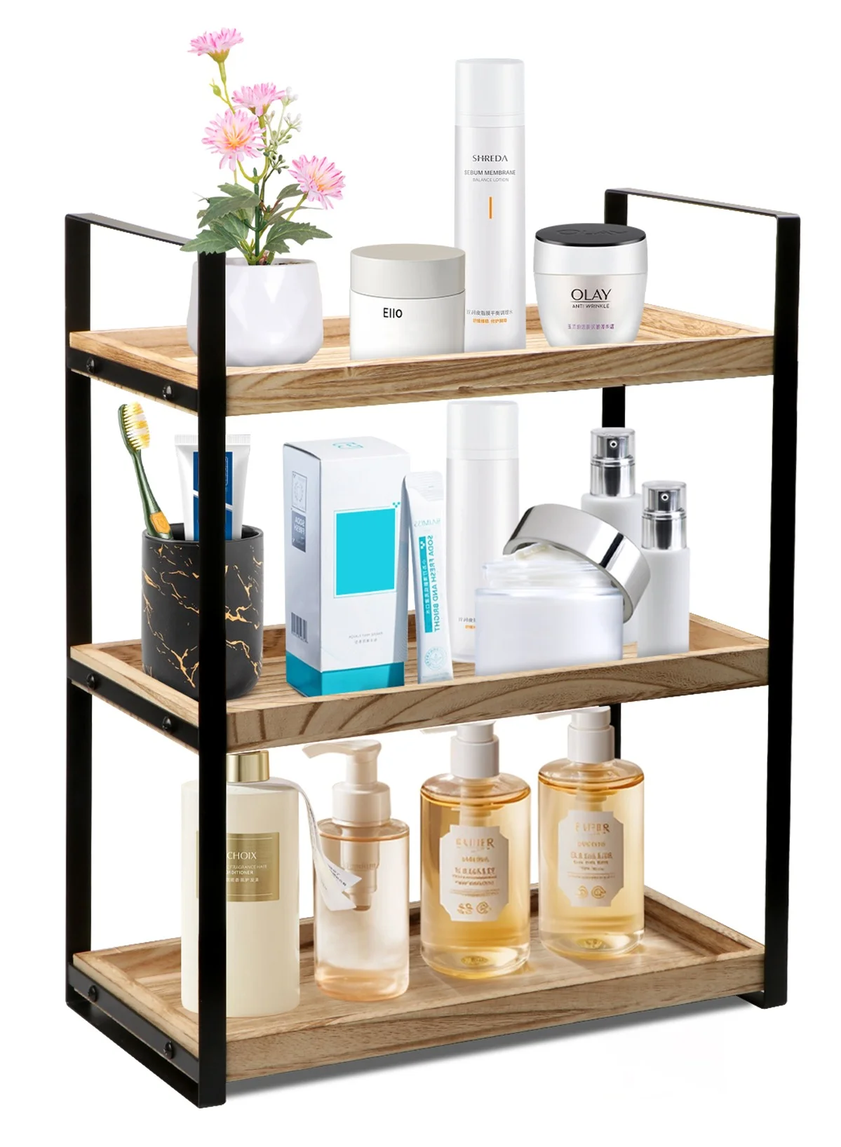 HomarKet 3-Tier Bathroom Countertop Organizer Premium Wood Vanity Storage Shelf (Natural Wood, 30cm x 15cm x 40cm) a0cft