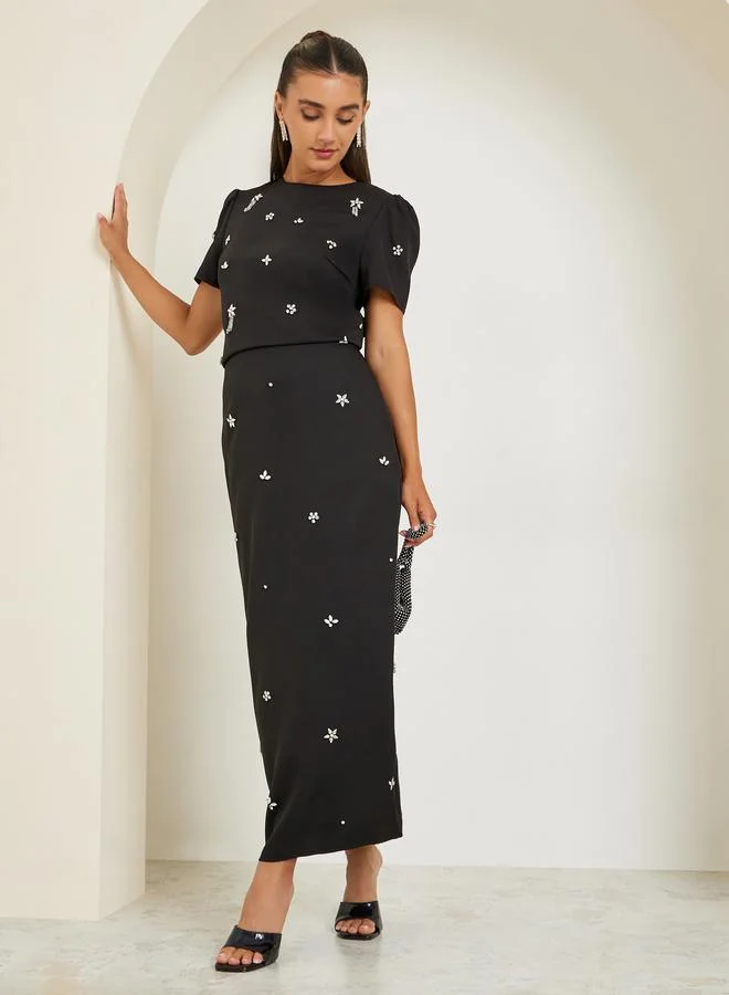 Styli Scuba Straight Fit Maxi Skirt Set with Embellished Trims and Matching Top (Women, Black) ewahn