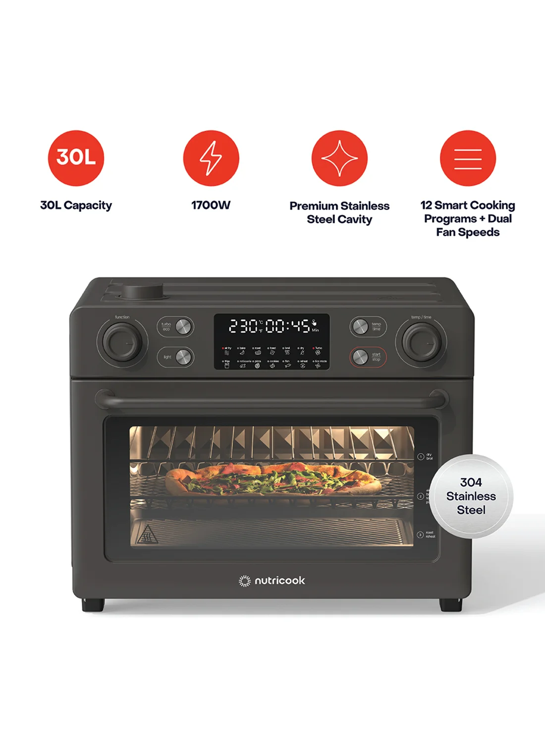 Nutricook Air Fryer Toaster Oven 30L Stainless Steel Countertop Convection Oven with Rotisserie and Steam-Infused Cooking (Black, 30 L) 48juv
