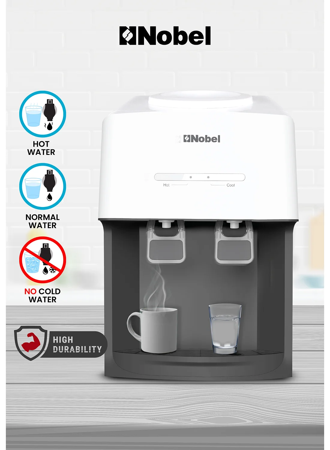 Nobel Tabletop Water Dispenser (2-Tap, Hot Tank 0.6L, Heating Capacity 4.0L/h, White) l5xbz