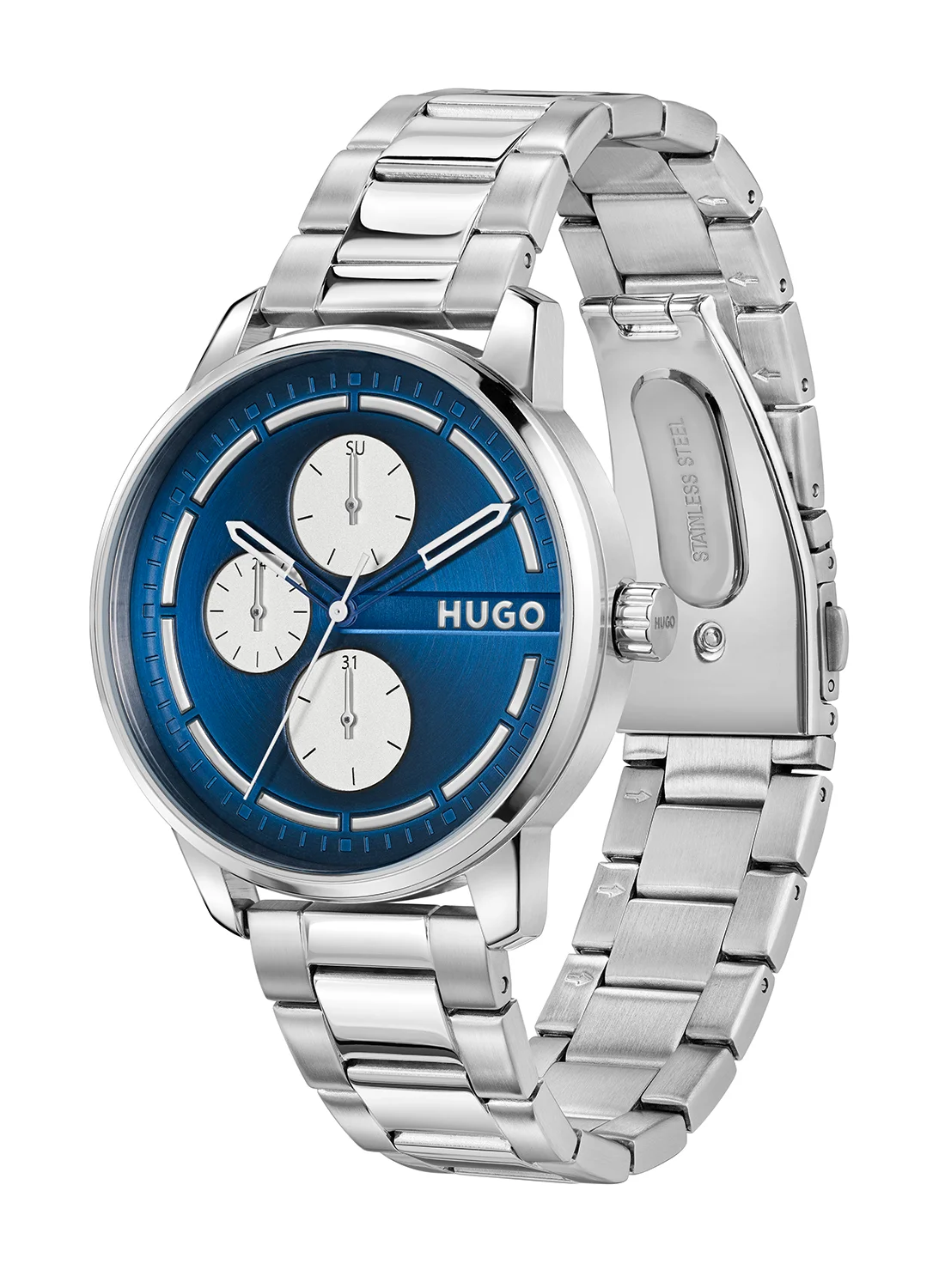 Premium Round Analog Men's Watch with Blue Case and Stainless Steel Band (One Size) 0x0ge