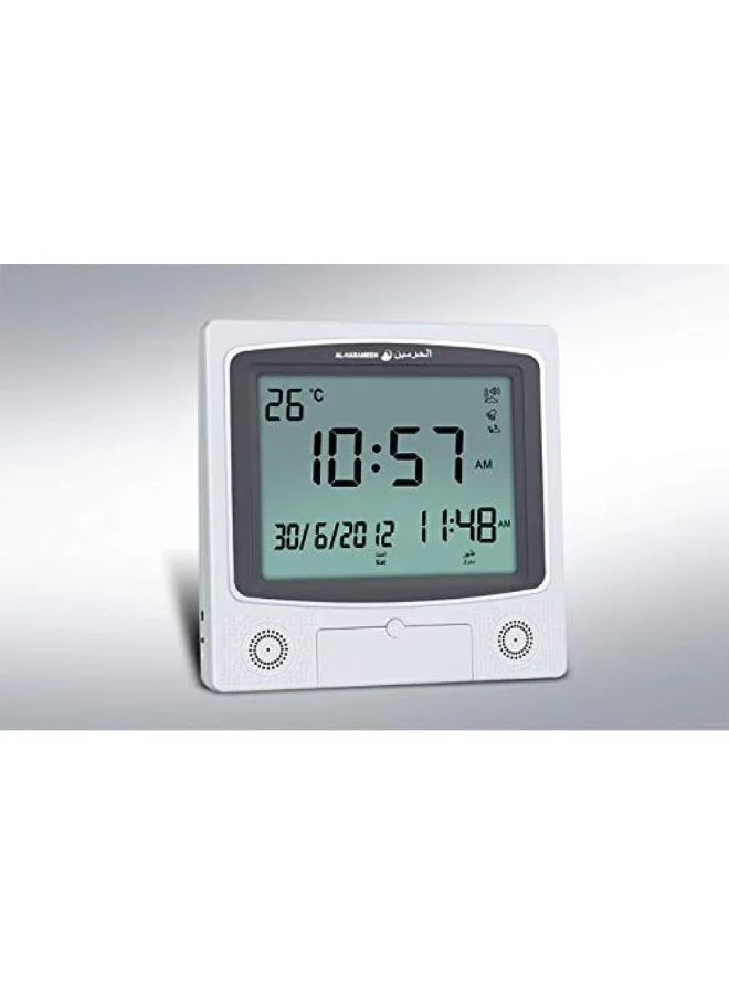 AL-HARAMEEN Digital Azan Table Alarm Clock Carbon Fibre Finish (Silver/Black, 22.5x21.5cm) pyksy