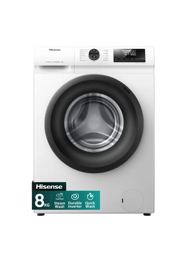 Premium 8kg Front Load Washing Machine with Steam Wash and Inverter Motor (White, 8kg) hbwml