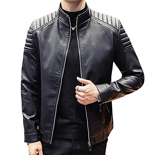 Premium Mens Faux Leather Biker Jacket Slim Fit Stand Collar Motorcycle Outerwear (Black, Small) j3w1w