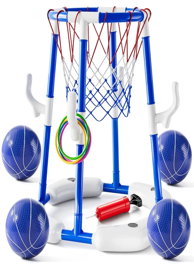 WATUDOU 2-in-1 Pool Basketball Hoop and Ring Toss Game Set with 4 Balls 12 Rings and Pump for Outdoor Summer Water Party (Multicolor, 1 Set) usuh7