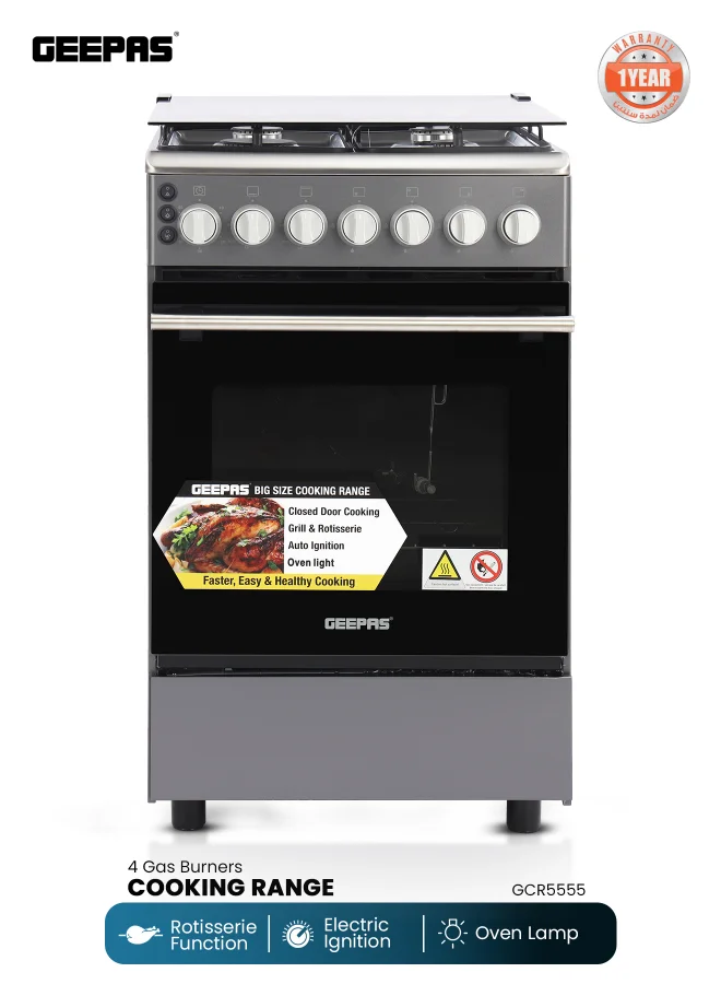 GEEPAS Freestanding Gas Cooking Range with 4 Burners, Stainless Steel Housing, Electric Ignition, and Rotisserie (Silver, 60x60 cm) zozbp