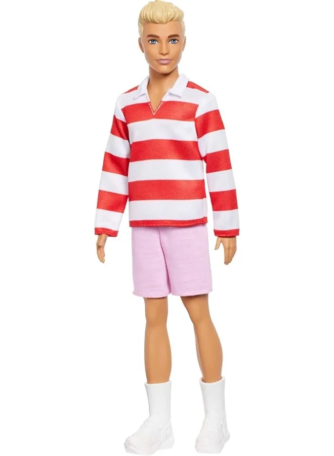 Fashion Doll Ken Fashionista Poseable Figure with Blonde Hair (Red and White Striped Polo, Pink Shorts, 30 cm) r9h8n