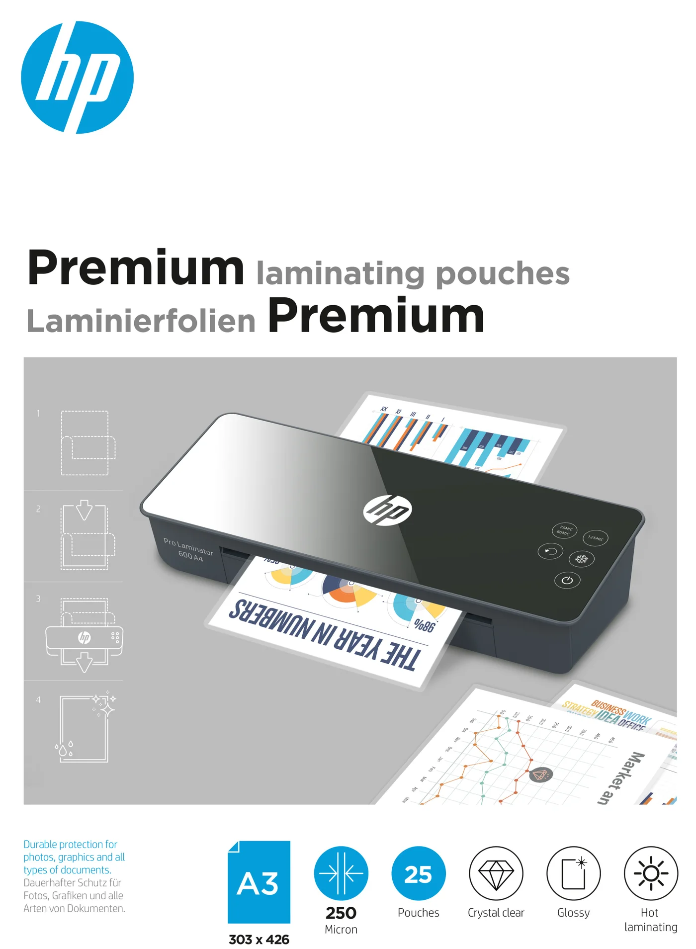 Premium Laminating Pouches A3 Size (250 Micron, 25 Pack) Clear Protective Sheets for Documents ph930