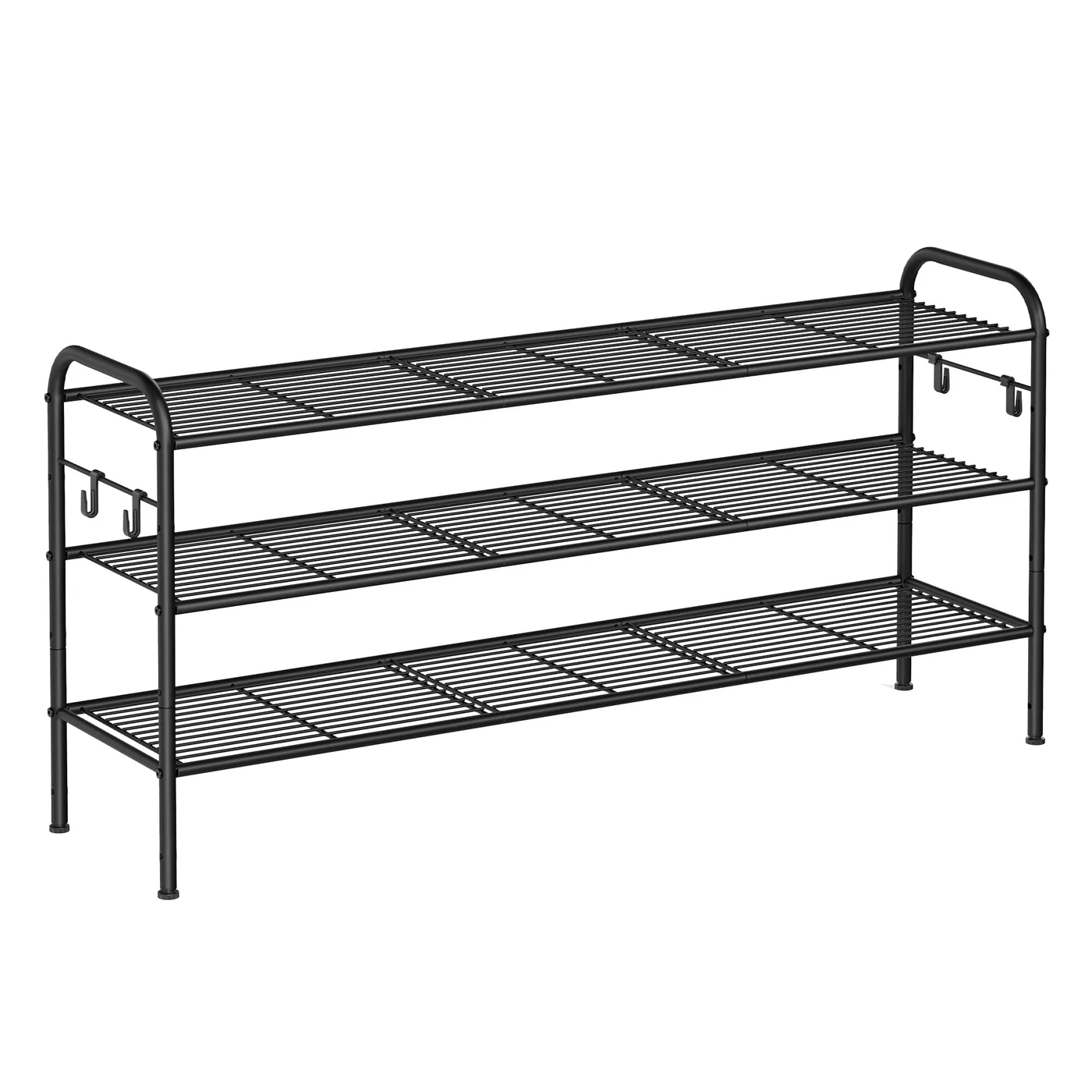 Premium 3-Tier Metal Shoe Rack Organizer with 4 Side Hooks (Black, 18-Pair Capacity) for Entryway and Closet Storage n9ewg