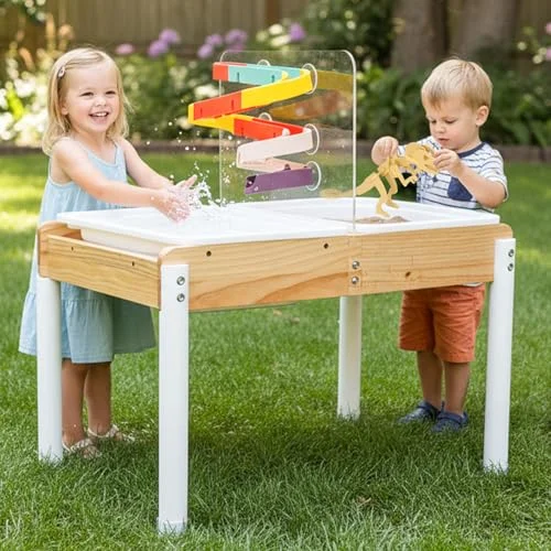 Woodtoe Sensory Sand and Water Activity Table with Dinosaur Puzzle and Dual Bins (Natural Wood, 80 cm x 50 cm) hcbwe