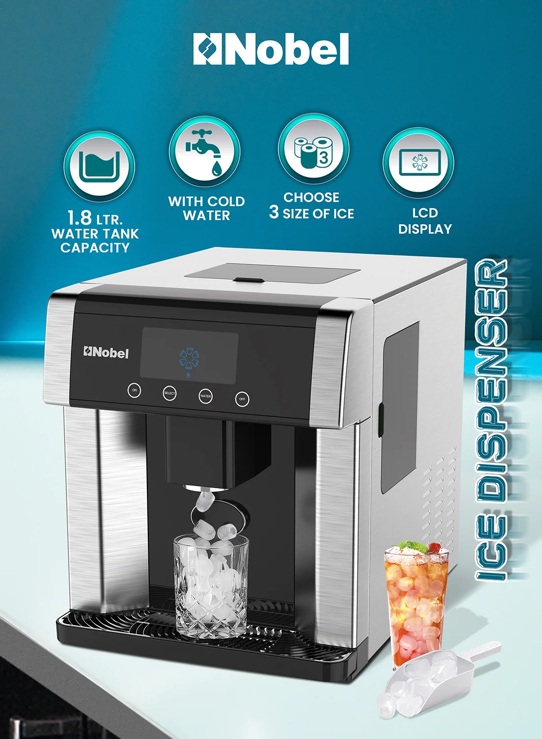 Nobel High-Capacity Ice Maker Machine with LCD Display and 3 Adjustable Ice Sizes (Silver, 1.8 L) 1uw3p