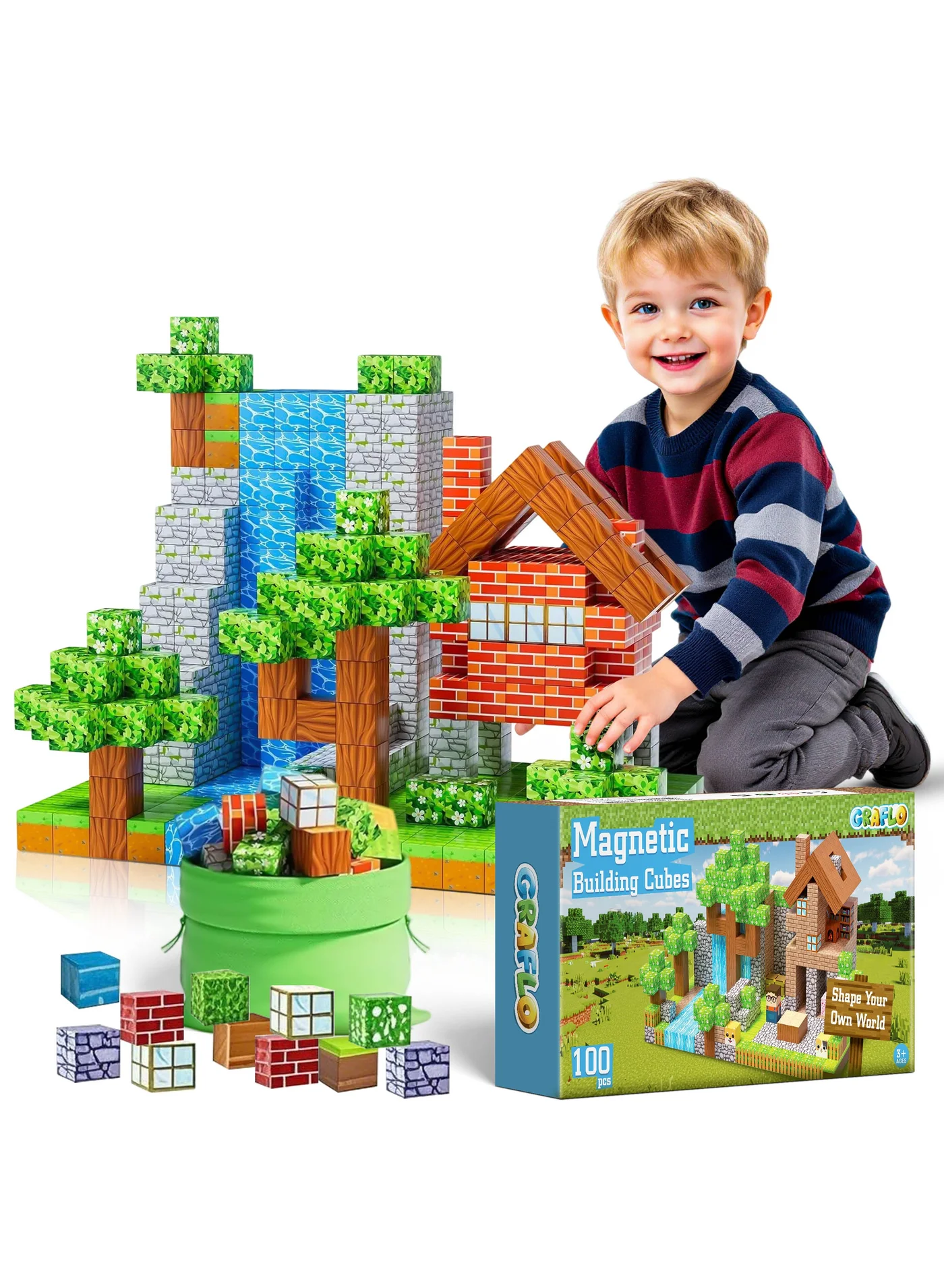 GRAFLO Magnetic Building Blocks Set STEM Educational Sensory Toys for Kids (100 Pieces) wwncs