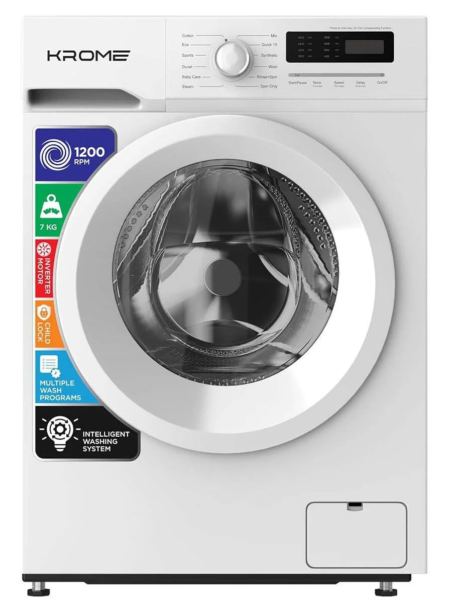 Krome Front Load Washing Machine with Inverter Motor and Steam Wash (White, 7 kg) olyd0