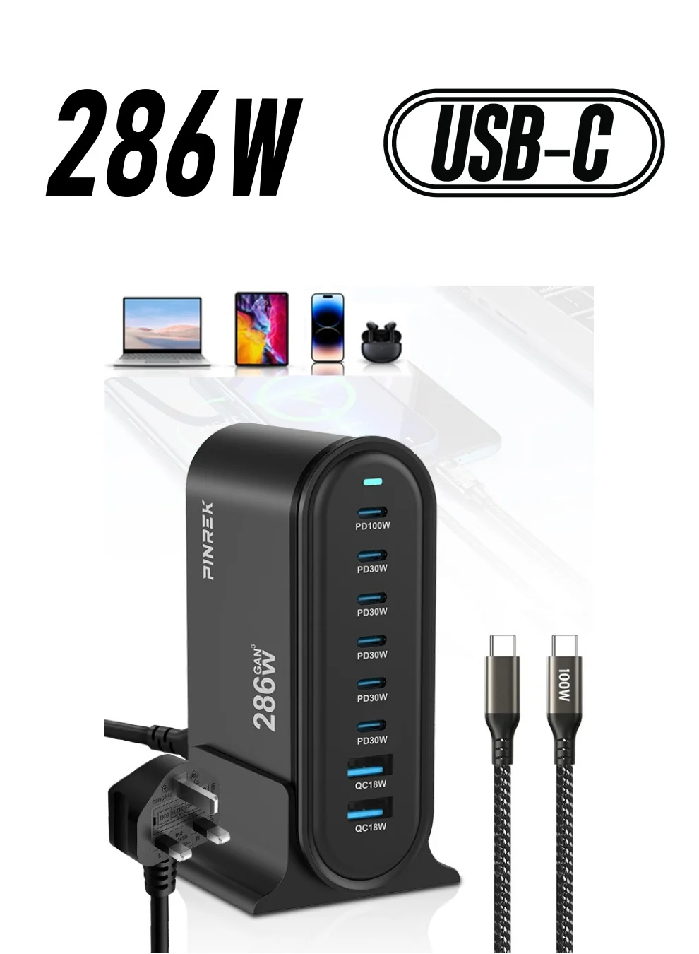 PINREK 286W USB C Charging Station, 8-Port GaN Power Adapter Hub, Fast Desktop Wall Charger for Laptops Tablets and Smartphones (286W) zscmz