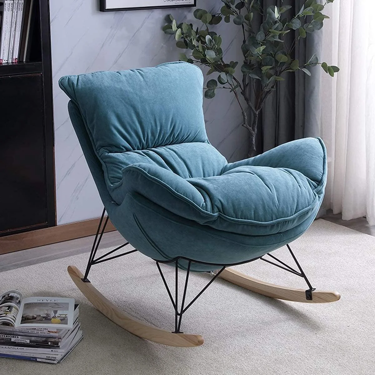 Harmony Home Retro Rocking Chair Premium Fabric Armchair with Metal and Wood Legs for Living Room and Bedroom (Blue) 4fnfs