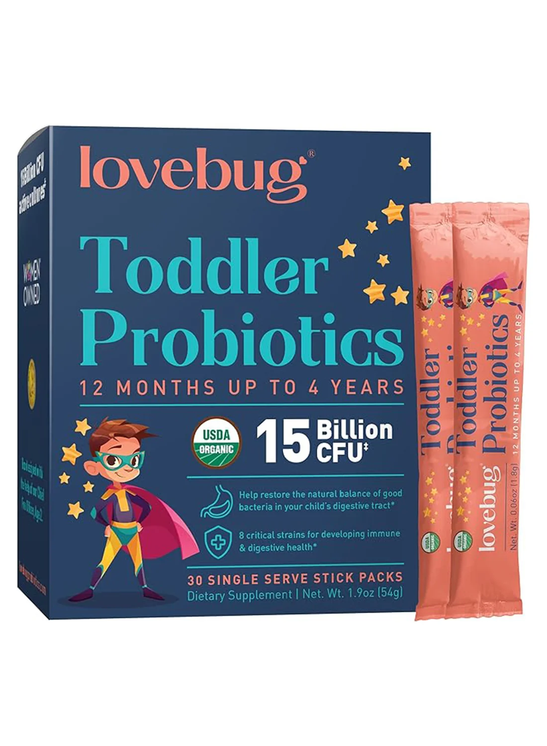 LoveBug Probiotics Toddler Daily Digestive Support Supplement (30 Stick Packs, 54g) bb0l2