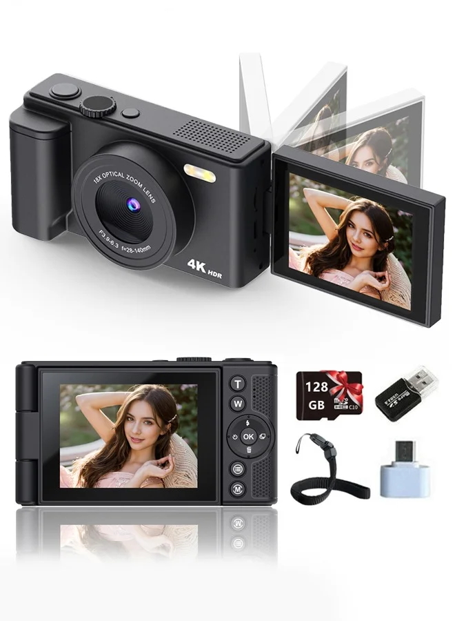 Makrystorm 4K Digital Camera for Photography, 64MP Vlogging Camera with 180 Degree Flip Screen, 18X Digital Zoom, and 128GB SD Card (Black) ew178