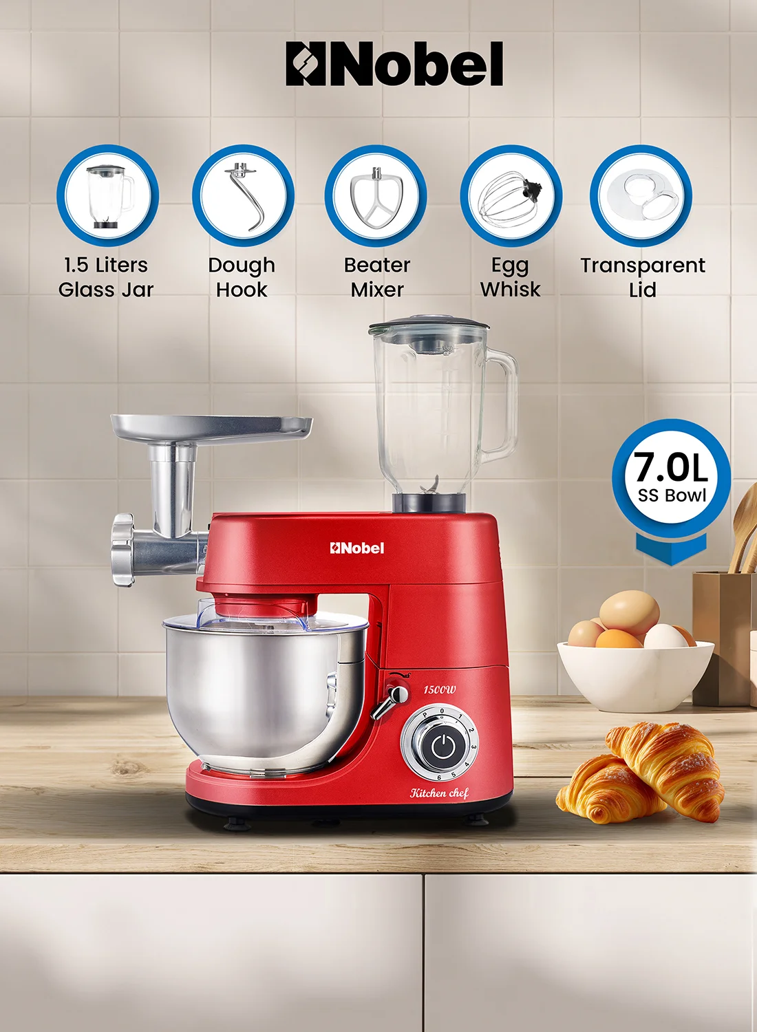 Nobel 3-in-1 Multifunctional Kitchen Stand Mixer with 7L Bowl and 1.5L Juicer Attachment (1500W, Red) qwsr0
