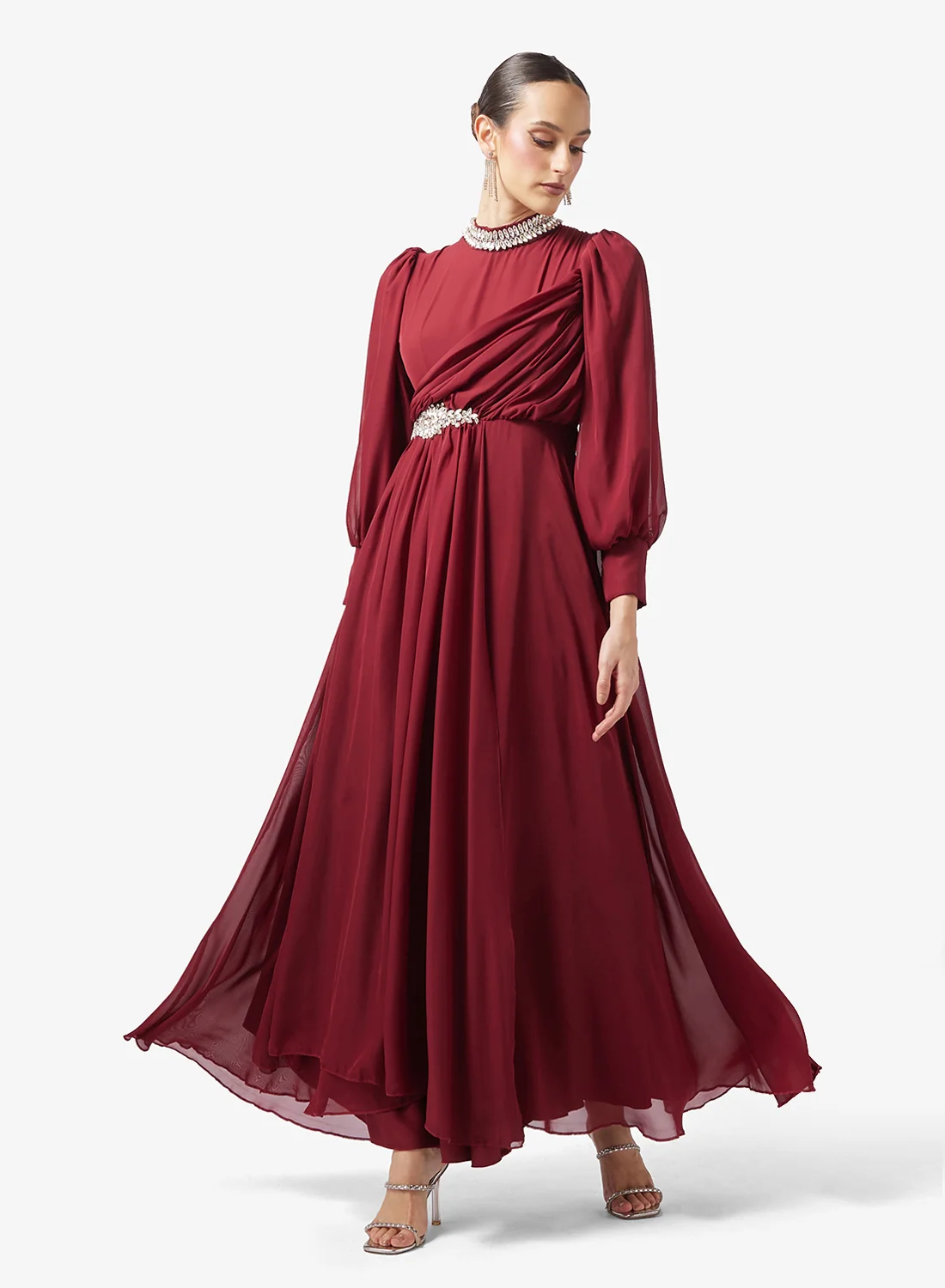 Khizana Ruched A-line Dress Elegant Midi Silhouette for Women (Solid, Medium) 73i6f