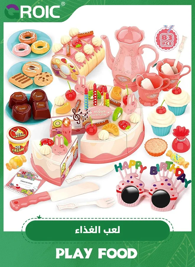 GROIC Birthday Cake Pretend Play Set with Lights and Music (82 Pieces, DIY Fruit Cutting Kitchen Toy for Kids) tdsr1