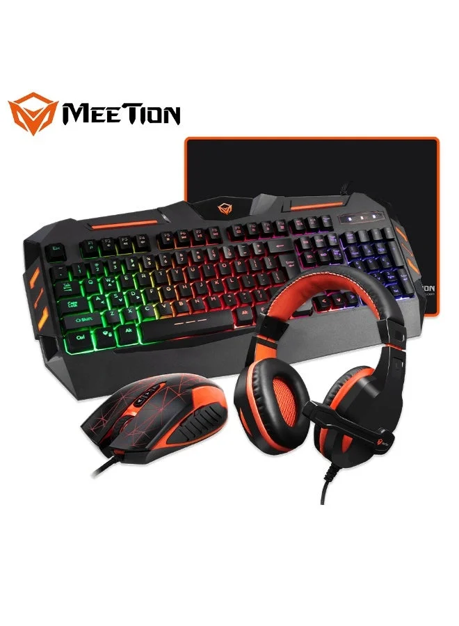 Premium 4-in-1 Gaming Combo Kit Wired Multimedia Keyboard Stereo Headset with Microphone and High-Precision Optical Mouse (Black, 1 Set) kjw1q